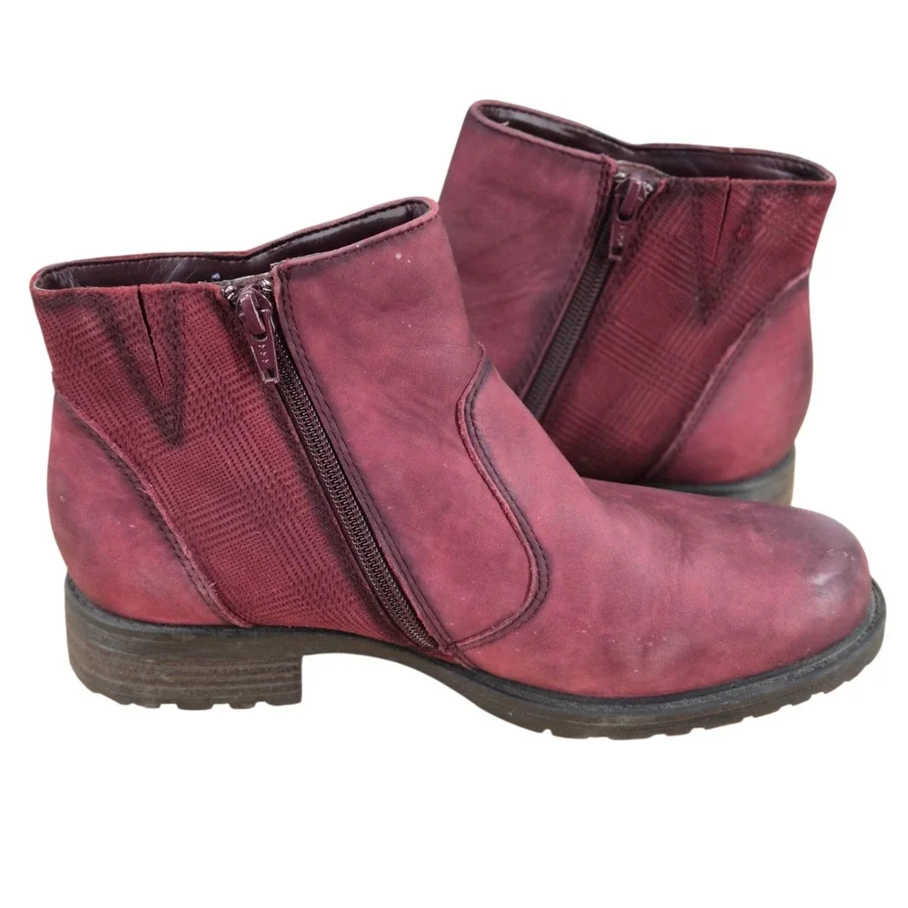 Earth Jordan Wide Wine Leather Ankle Boots Zipper Booties Womens 7.5D Low Heel